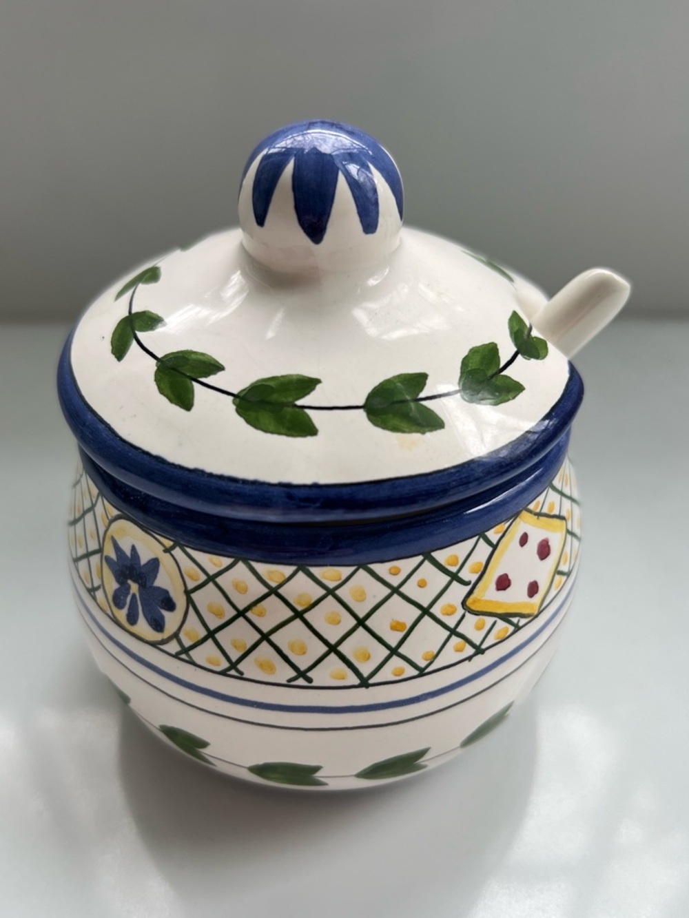 Vintage FFAMALVEIRA Portugal Jam Jar Sugar Bowl wz Lid spoon HandPainted Ceramic